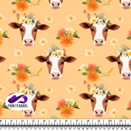 Vaches avec Couronnes de Fleurs sur Fond Orange