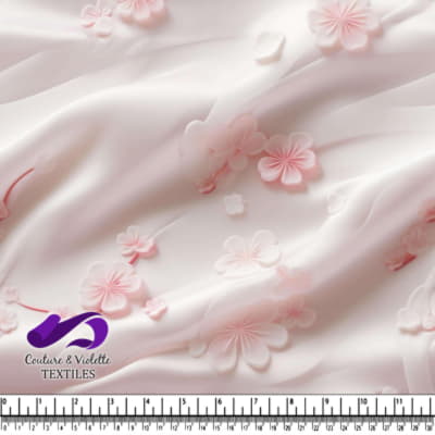 White Silk Fabric with Pink Flowers
