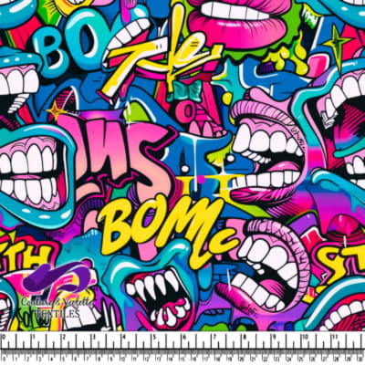 Colorful Pop Art Graphic Pattern with Comic Mouths and Text