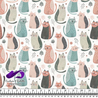 Chats colorés et éléments botaniques délicats sur fond blanc