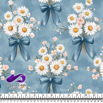 Bouquet de marguerites avec des rubans bleus sur un doux fond bleu