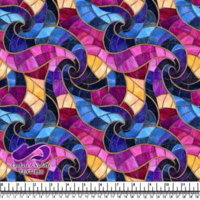 Motif abstrait de vitrail avec des formes tourbillonnantes dans des tons de bleu, rose, violet et or