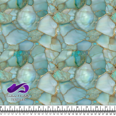 Tissu texturé effet marbre bleu et vert avec veining doré