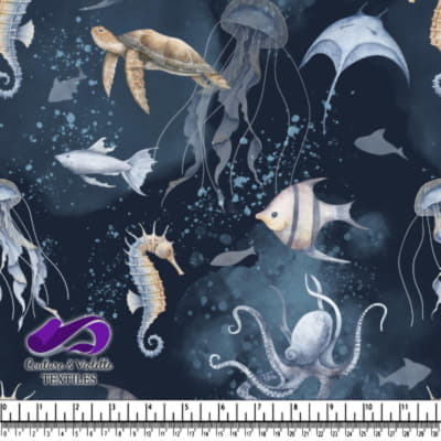 Underwater marine life on a dark blue background