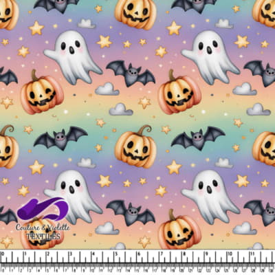 Ghosts pumpkins bats stars and clouds on a pastel rainbow background