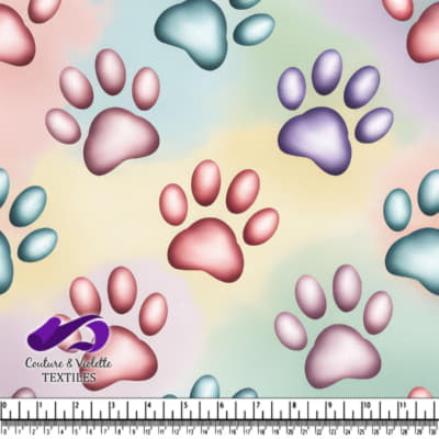 Colorful paw prints pattern on a soft pastel background