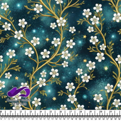 Branches Dorées avec Fleurs Blanches sur Fond Bleu Étoilé