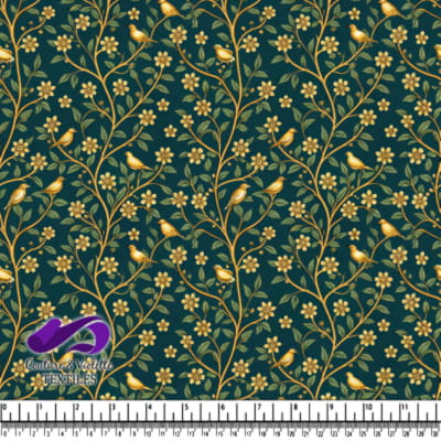 Golden Birds and Flowers on Dark Green Background Pattern