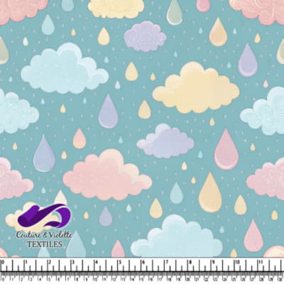 Pastel Clouds and Raindrops Pattern on Blue Background