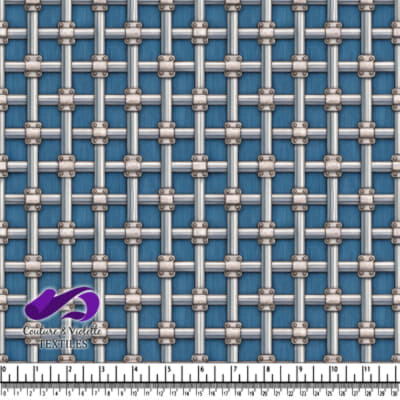 Blue Fabric with Metallic Grid Pattern