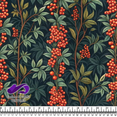Red Berry Vines on Dark Botanical Fabric Pattern
