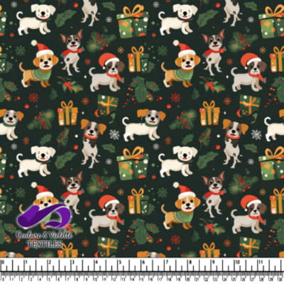 Chiots de Noël festifs avec écharpes et chapeaux de Noël entourés de cadeaux et de verdure festive