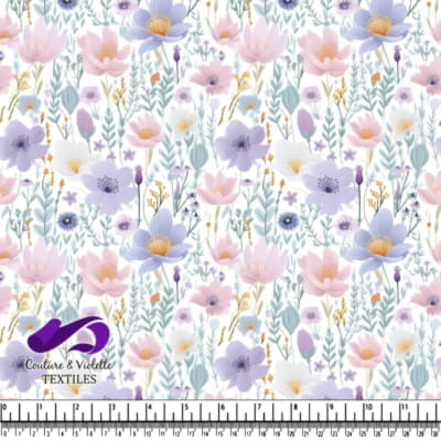 Motif floral pastel avec des fleurs et feuillage rose lavande et jaune