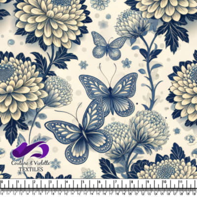 Blue and cream floral pattern with butterflies and detailed leaves