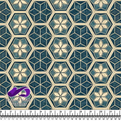 Hexagonal geometric floral pattern in teal and cream colors