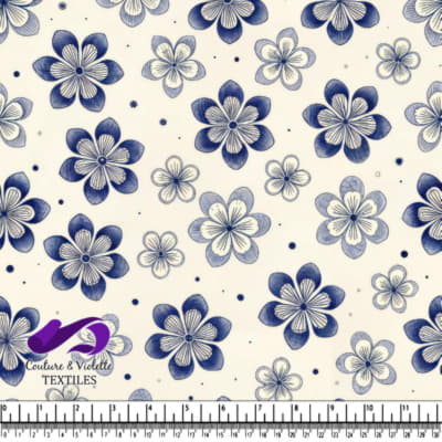 Blue and white floral pattern fabric with varying flower sizes and dots