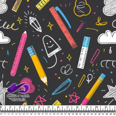Doodle coloré de fournitures scolaires sur fond sombre