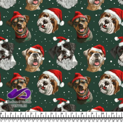 Festive dogs wearing Santa hats on a green holiday background