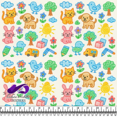 Dessins colorés enfantins d'animaux, de fleurs, d'arbres, de soleil et de blocs de jouets