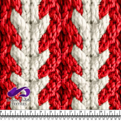 Gros plan sur un tissu tricoté texturé rouge et blanc avec un motif en flèches