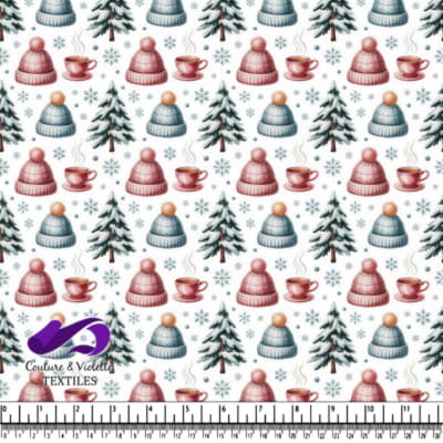 Winter hats hot tea pine trees and snowflakes