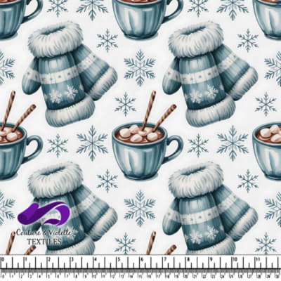 Winter cozy pattern with mittens hot cocoa and snowflakes