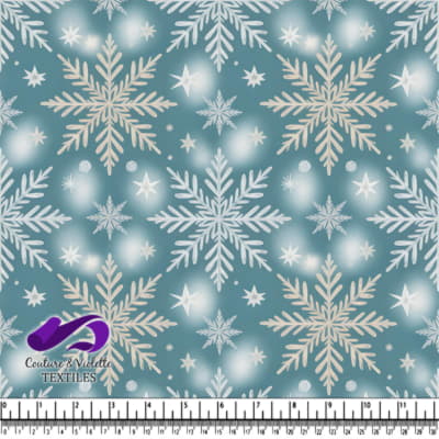 Blue fabric pattern with white snowflakes and soft glowing light effects