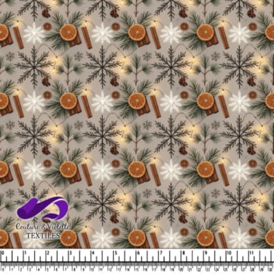 Winter holiday fabric pattern with pine branches dried oranges cinnamon sticks and snowflakes