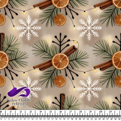 Festive holiday pattern with dried orange slices cinnamon sticks pine branches