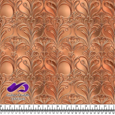 Copper embossed floral pattern with intricate details and decorative curves