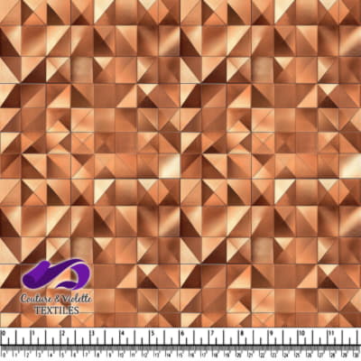 Tissu géométrique métallique cuivre avec motif de carrés et triangles
