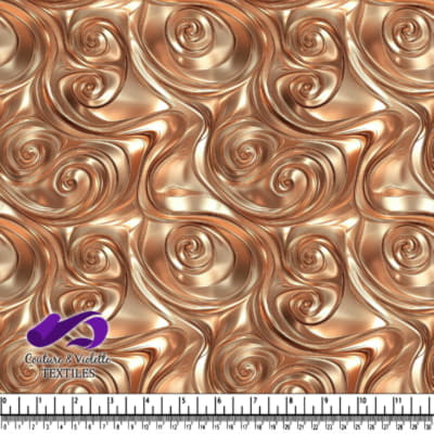Shiny metallic gold fabric with swirling abstract raised textured pattern