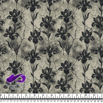 Black floral pattern on cracked gray textured background fabric design