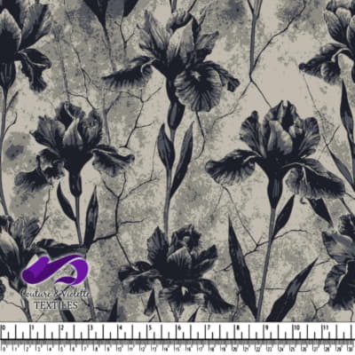 Motif floral noir et gris avec des fleurs d'iris sur un fond texturé