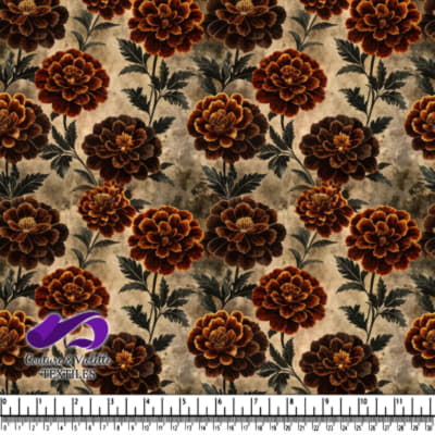 Motif floral vintage avec de grandes fleurs de souci brunes et orange et des feuilles vertes