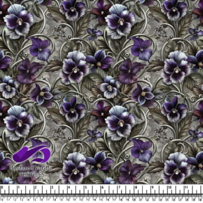 Motif floral de pensées violettes et blanches avec des feuilles tourbillonnantes