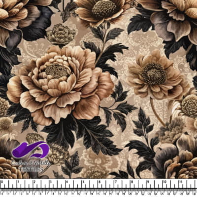 Vintage floral fabric pattern with large sepia-toned flowers