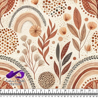 Motif botanique abstrait aux tons terreux avec des feuilles, des arcs-en-ciel et des points