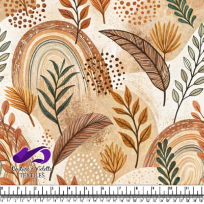 Abstract botanical pattern with earthy tones and rainbow shapes