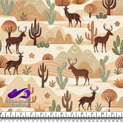 Motif de paysage désertique avec des cerfs, des cactus et des montagnes dans des tons terreux chauds