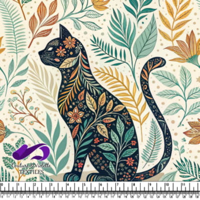 Floral patterned cat silhouette surrounded by colorful botanical leaves and flowers