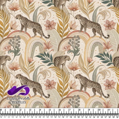 Leopard standing among tropical leaves flowers