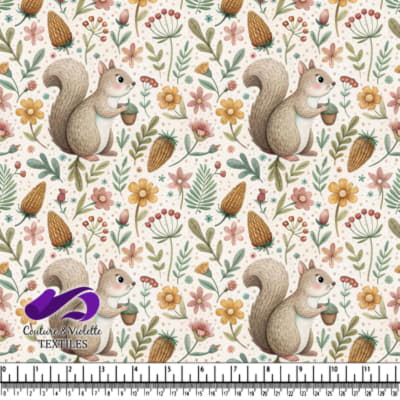 Cute squirrel holding an acorn surrounded by colorful flowers