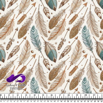 Plumes et flèches détaillées aux tons brun, turquoise et cuivre