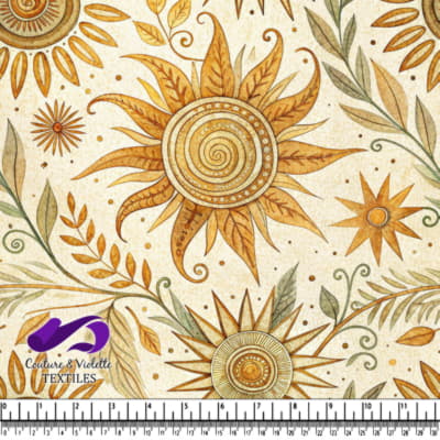 Vintage botanical fabric pattern with stylized sunflowers