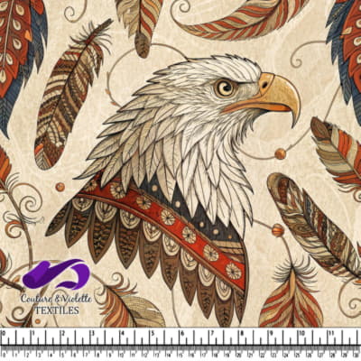 Eagle head surrounded by patterned feathers