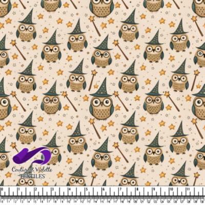 Cute owls wearing wizard hats with stars and magic wands