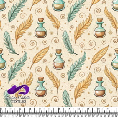 Petites bouteilles de potion et feuilles colorées