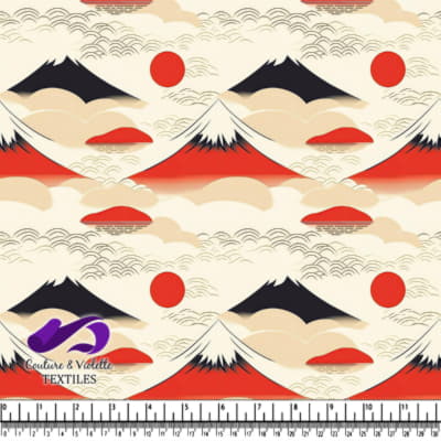 Abstract Japanese landscape with mountains red sun and clouds in traditional style