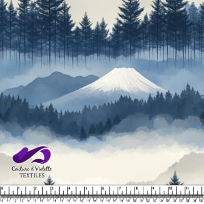 Montagne enneigée entourée de forêts de pins en couches et de brouillard brumeux